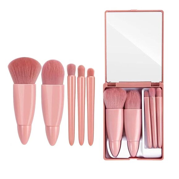 NEW -  5pcs Portable Makeup Brush Set With Mirror Hypoallergenic Pink Brushes - Picture 5 of 12